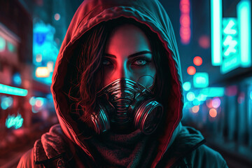 Wall Mural - A beautiful woman in a hoodie wearing a gas mask in a colorful futuristic city with neon lights, generative ai