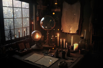 Wall Mural - Dark witchcraft room, candle lantern, old vintage books, AI Generated background