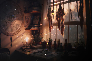 Dark witchcraft room, candle lantern, old vintage books, AI Generated background