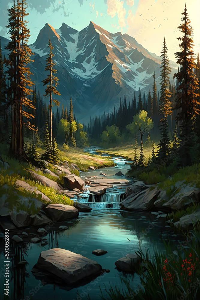 painting natural landscape. mountain meadows, trees, river jets