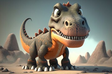 Poster - 3D cute Allosaurus cartoon. A group of primitive reptile dinosaurs from the Jurassic period. Generative AI