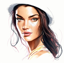 Wall Mural - Beautiful Young Woman Face Makeup Drawing Sketch Fashion Girl Portrait on White Background - Post-processed Generative AI