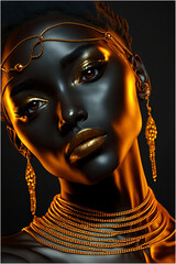 Wall Mural - Beauty Gold Makeup Lips Eyelids Woman Black Skin Color Body Art Gold Jewelry Chain Fingertips Nails in Gold Color Paint Professional Gold Makeup - Post-processed Generative AI