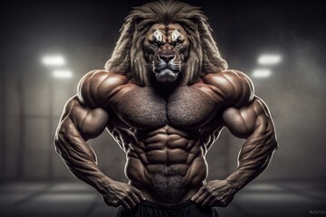 Portrait of a strong male lion in a gym. Bodybuilding concept. Generative AI