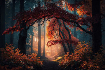 Wall Mural - beautiful morning in the autumn forest generative ai