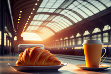 Croissant with coffee, breakfast at the train station