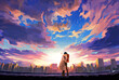 © Diganime - modern couple kissing on Valentines day under the beautiful sky in the city with buildings in background anime digital art illustration paint background wallpaper