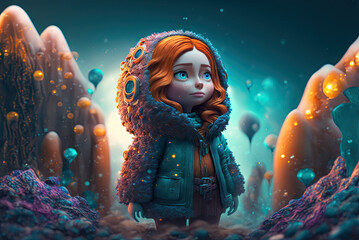 Wall Mural - a little girl with red hair wearing a green jacket