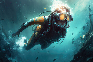 Illustration of a diver in art style. Futuristic sports concept. AI generation