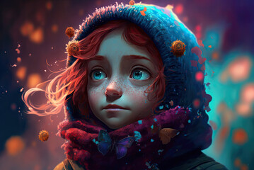 Wall Mural - a painting of a little girl with freckles on her face red hair and blue eyes wearing a hat and scarf butterfly on it
