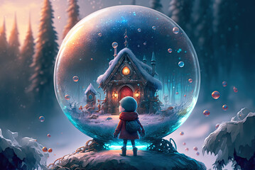 Wall Mural - a kid standing in front of a snow globe with an old house inside of it