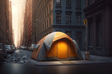 Tent on a street. Generative AI.