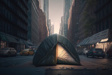 Tent on a street. Generative AI.