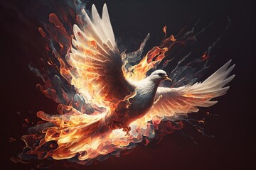 Wall Mural - Pentecost background with flying dove and fire. Generative AI.