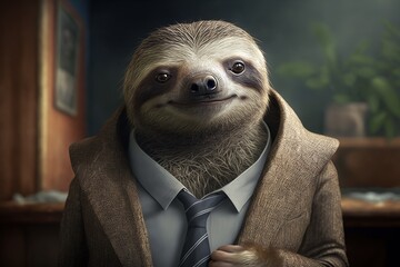 Sticker - Portrait of sloth in a business suit. Generative AI.