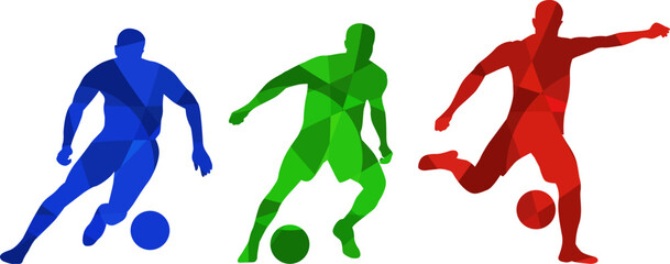 Soccer player vector silhouette set isolated on white background. Football players colored silhouette. Abstract blue, green and red vector image of sportsmen.