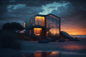 Wall Mural - Small luxury modern beach house. Beach house. generative ai. Modern architecture. Villa by the sea