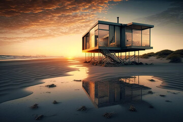 Wall Mural - Small luxury modern beach house. Beach house. generative ai. Modern architecture. Villa by the sea