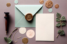 Mock Up Flat Lay Of Stationary. Includes Card Or Paper, A Pastel Blue Envelope, An Ornate Wax Seal, And A Tool. Spring Flowers Surround A Moody Dark Background, Adapted From Generative Ai.