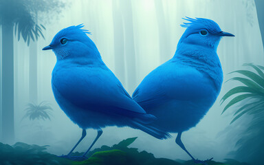 Wall Mural - Two blue birds and blue path in the jungle. Generative Al Illustration.