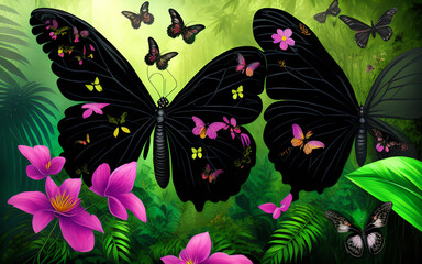 Wall Mural - Beautiful black butterflies in the rainforest.Generative Al Illustration