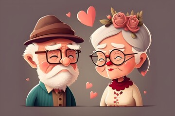 Wall Mural - Illustration of a cute couple of old people in love, valentines day concept. Generative AI.