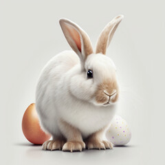 white rabbit on white background with eggs