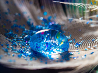 Wall Mural - feather with rain drop and little glass glitters - beautiful macro photography