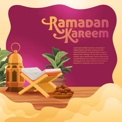 Wall Mural - Ramadan Kareem Holy Month of Islam Greeting Illustration With Quran Dates and Lantern Concept Square Social Media Banner