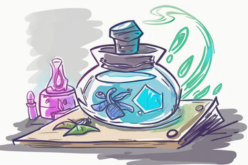 fairy tale neon painted poison colorful potion on table, generative ai