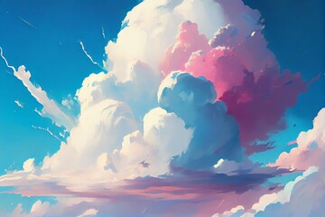 Wall Mural - A painting of a sky with clouds and a sky background with a white and blue sky and clouds and a blue sky and a white and pink cloud with a light blue sky and white background. Generative AI