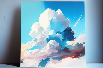 Wall Mural - A painting of a sky with clouds and a sky background with a white and blue sky and clouds and a blue sky and a white and pink cloud with a light blue sky and white background. Generative AI