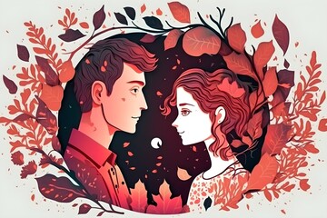 Wall Mural - Illustration of a cute couple of young people in love, valentines day concept. Generative AI.