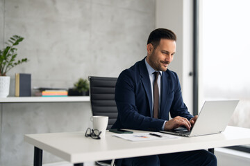 Wall Mural - Handsome well dressed businessman working at his office, businessman working on a project