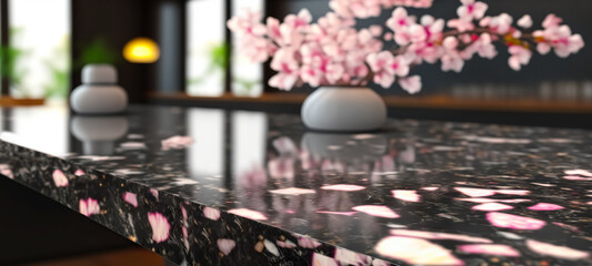 Wall Mural - Black marble stone table top with Sakura cherry blossoms on blur bokeh background. For display or montage you products. Blank space for beauty product display	