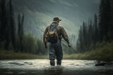 Fototapeta  - Man in waders fly fishing in a river, concept of Outdoor Adventure and Wildlife Watching, created with Generative AI technology