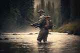 Fototapeta  - Man in waders fly fishing in a river, concept of Outdoor Adventure and Wildlife Watching, created with Generative AI technology