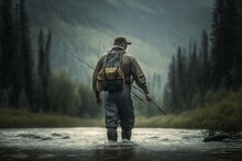 Man In Waders Fly Fishing In A River, Concept Of Outdoor Adventure And Wildlife Watching, Created With Generative AI Technology