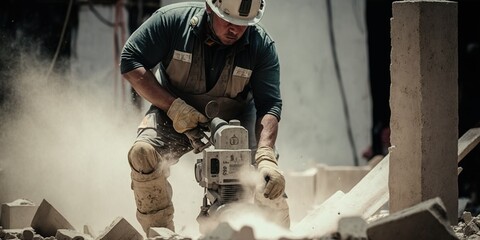 Man in a hard hat and work boots operating a jackhammer on a construction site, concept of Safety and Noise, created with Generative AI technology