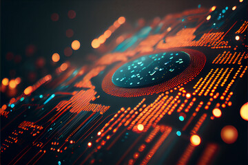 Wall Mural - Neural network. Big data and cybersecurity. Data stream. Global database and artificial intelligence. Bright, colorful background with bokeh effect. Render of a macro view of a Futuristic Electronic