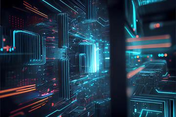 Wall Mural - Render of a macro view of a Futuristic Electronic Circuit Board with Microchips and Processors. Technology Background concept.High quality ai generated illustration