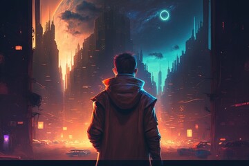 man standing in the street and gazing at a futuristic metropolis at night; sci fi concept; illustrat