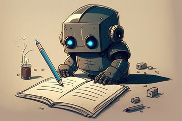 Sticker - Robot writing in a notebook while holding a pen. Machine intelligence. Generative AI