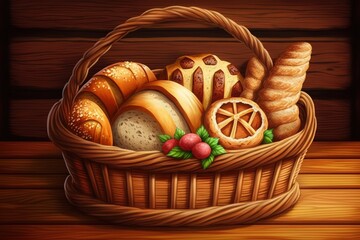 Wall Mural - On an aged wooden background, bread and rolls are displayed in a basket. Generative AI