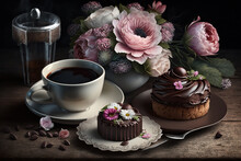 A Pretty Mothers' Day Table With A Bouquet Of Flowers, Delicious Cake And A Cup Of Coffee Against A Textured Background.  Generative AI.