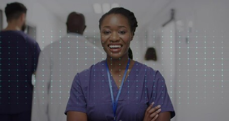 Poster - Animation of cardiograph over african american female doctor working at hospital