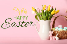Beautiful Easter Greeting Card With Flowers, Eggs And Toy Bunnies