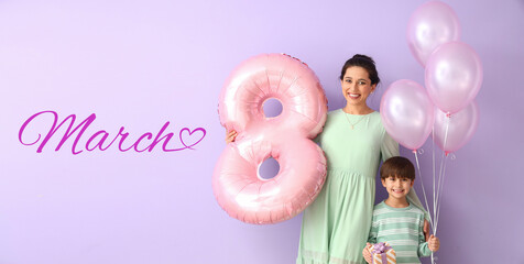 Poster - Little son and his mother with gift and balloons for International Women's day on lilac background