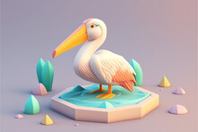 Cartoon Pelican With Soft Pastel Color And A Perfectly Detailed Entire Body. 3D Cute Pelican Avatar.