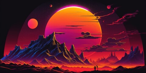 Wall Mural - neon colored, cyberpunk sci fi planet in space with the sun as a backdrop. generative ai